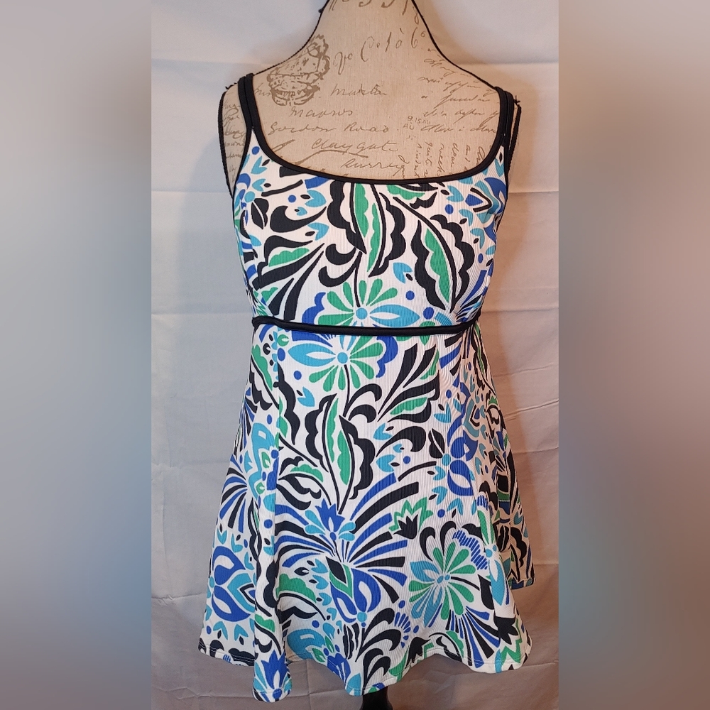 Longitude Floral Empire Swim Dress One Piece Blues/Green/Black/White Size 14 EUC